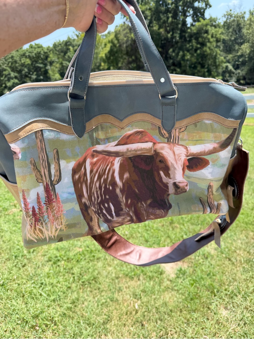 Crimson Willow Travel Tote Bag with Longhorn Print - Blue & Tan